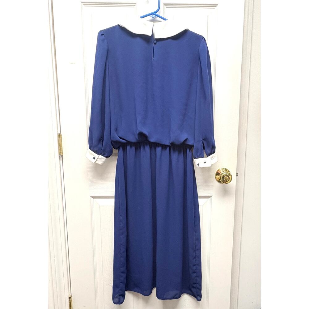 In The Mood Navy Dress White Collar Sheer Sleeves Midi Elastic Waist Size 12 - Picture 2 of 10